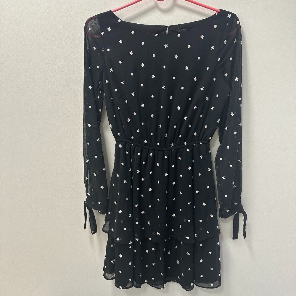 Ann Taylor Embroidery Floral Mesh Flounce Boat Neck Mini Dress Black Size 0